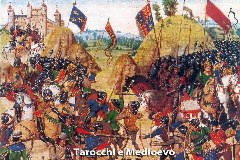 Le carte dei tarocchi affondano le loro radici nella storia: molteplici sono i riferimenti al Medioevo. Nell'immagine è rappresentata la Battaglia di Crécy, opera di Froissart.